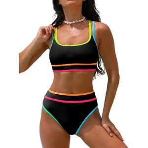 NWT Popvil Women's High Waisted Bikini Set Neon Trim Sporty Swimsuit L